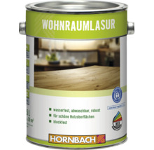 Eine 5 Liter Dose Hornbach Wohnraumlasur für Holzoberflächen, wasserfest, abwaschbar, robust und blockfest mit dem Blauer Engel Umweltzeichen.
