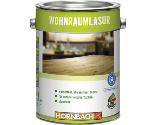 Eine 5 Liter Dose Hornbach Wohnraumlasur für Holzoberflächen, wasserfest, abwaschbar, robust und blockfest mit dem Blauer Engel Umweltzeichen.
