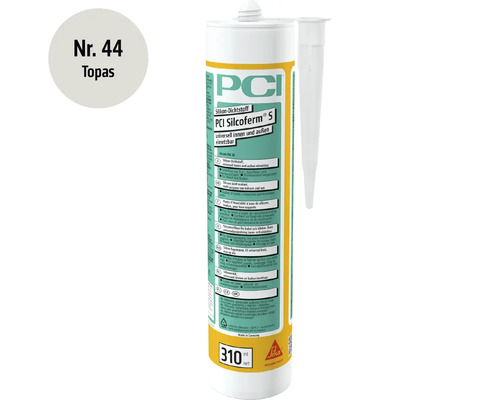 PCI Silcoferm S Silikon-Dichtstoff in Farbe Topas, 310 Milliliter Kartusche für den Innen- und Außenbereich mit PCI Logo.