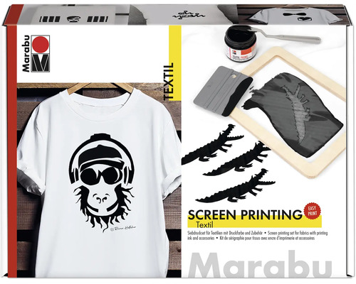 Marabu Siebdruckset für Textilien mit Druckfarbe, Holzrahmen, Rakel und Schablonen zur Gestaltung von T-Shirts mit Motiven.