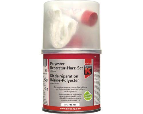 Auto K Polyester Reparatur Harz Set mit Härter und Glasfasergewebe zur Instandsetzung von Rissen und Löchern an der Karosserie.