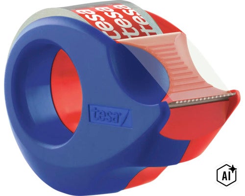 Manueller Paketbandabroller mit Klebebandrolle von Tesa Logo (Image AI modified or generated)