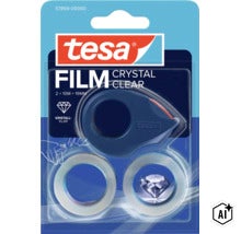 Tesa Film Crystal Clear Klebeband mit Abroller, zwei Rollen mit je 10 Meter Länge und 19 Millimeter Breite in einer Blisterverpackung. (Image AI modified or generated)