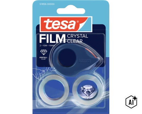 Tesa Film Crystal Clear Klebeband mit Abroller, zwei Rollen mit je 10 Meter Länge und 19 Millimeter Breite in einer Blisterverpackung. (Image AI modified or generated)