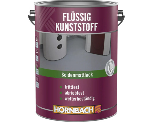 Dose Hornbach Flüssigkunststoff Seidenmattlack, trittfest, abriebfest und wetterbeständig, geeignet für Innen- und Außenbereiche.