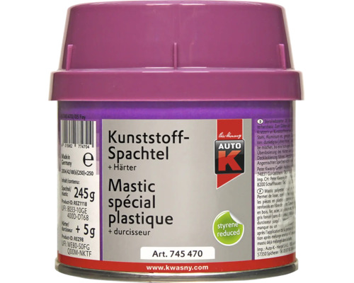 Auto K Kunststoff Spachtel mit Härter, 245 Gramm Spachtelmasse plus 5 Gramm Härter zum Ausbessern von Kunststoffteilen.