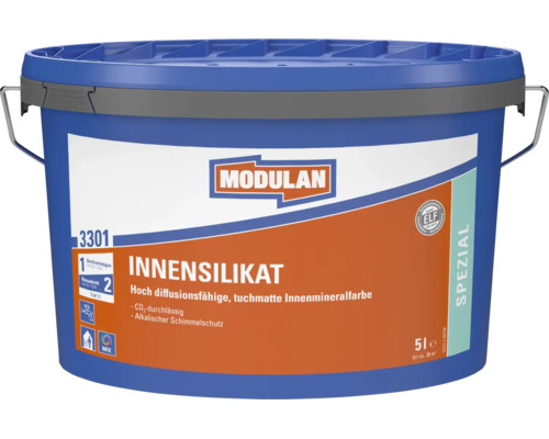 Modulan Innensilikat Wandfarbe im 5 Liter Eimer fuer hochdiffusionsfaehige und tuchmatte Innenanstriche mit alkalischem Schimmelschutz.