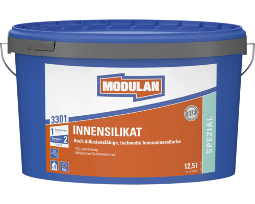 Modulan Innensilikat 3301 Wandfarbe in einem 12,5 Liter Eimer für Innenräume mit hoher Diffusionsfähigkeit und alkalischem Schimmelschutz