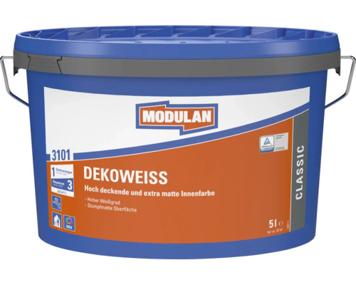Modulan Dekoweiss 3101 Innenfarbe, 5 Liter Eimer, hochdeckende und extra matte Wandfarbe für den Innenbereich, geprüftes Qualitätsprodukt.