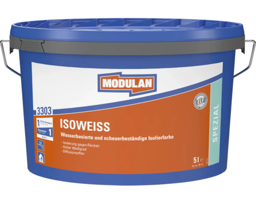 Modulan Isoweiss Isolierfarbe 5 Liter Farbeimer für wasserbasierte Wandfarbe zur Fleckenisolierung im Innenbereich
