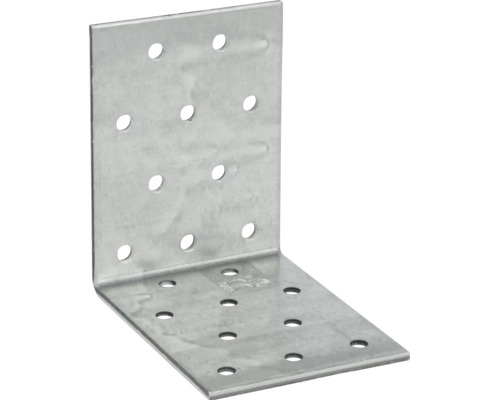 Winkelverbinder aus verzinktem Stahl mit zahlreichen Lochungen zur stabilen Holzverbindung.