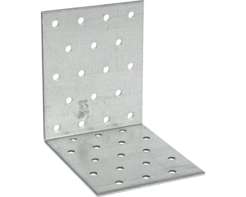 Winkelverbinder aus verzinktem Stahl mit zahlreichen Lochungen für Holzverbindungen.