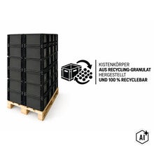 Stapel aus Kunststoffkisten auf Holzpalette mit Symbol für Recyclingmaterial und hundertprozentige Recycelbarkeit (Image AI modified or generated)