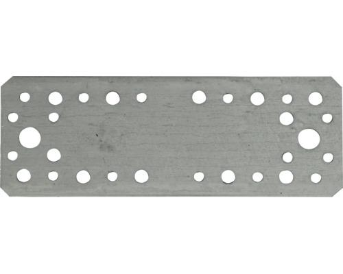 Rechteckiger Lochplattenverbinder aus verzinktem Stahl mit verschiedenen Lochgrößen zur Holzverbindung.