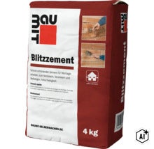 Sack mit 4 Kilogramm Baumit Blitzzement, ein schnell erhärtender Zement für Montagearbeiten, geeignet für den Innen- und Außenbereich. (Image AI modified or generated)