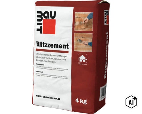 Sack mit 4 Kilogramm Baumit Blitzzement, ein schnell erhärtender Zement für Montagearbeiten, geeignet für den Innen- und Außenbereich. (Image AI modified or generated)