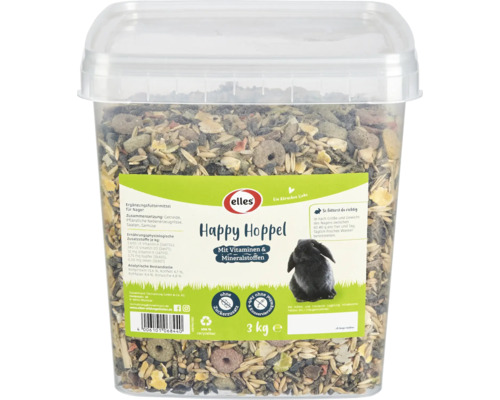 Elles Happy Hoppel Nagerfutter mit Vitaminen und Mineralstoffen, 3 Kilogramm Vorratsdose, Ergänzungsfuttermittel für Kaninchen.