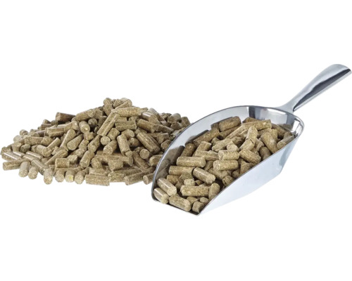 Ein Haufen Holzpellets neben einer Metallschaufel gefüllt mit Holzpellets.