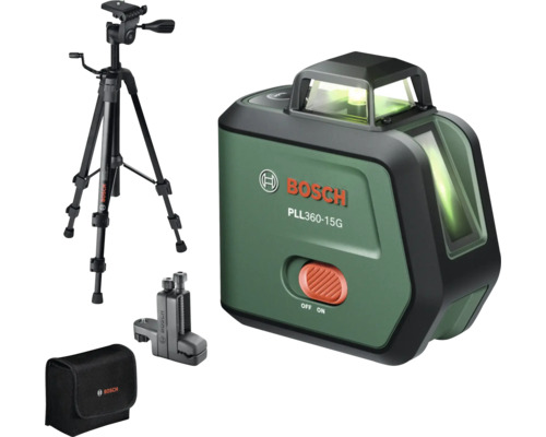 Bosch Linienlaser PLL 360 15G mit Stativ, Halterung und Tasche zur präzisen Nivellierung im Set.