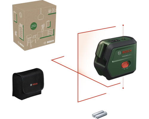 Bosch Kreuzlinienlaser UniversalLevel 2 mit Schutztasche, Batterien und Produktverpackung
