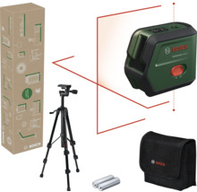 Bosch Kreuzlinienlaser UniversalLevel 2 Set mit Stativ, Tasche und Batterien in der Verpackung.