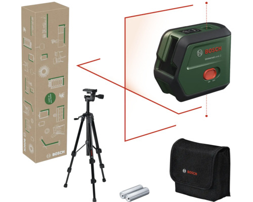 Bosch Kreuzlinienlaser UniversalLevel 2 Set mit Stativ, Tasche und Batterien in der Verpackung.