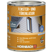 Dose Hornbach Fenster- und Türenlasur für Holz mit 5 Jahre Langzeitschutz und Blauer Engel Umweltsiegel.