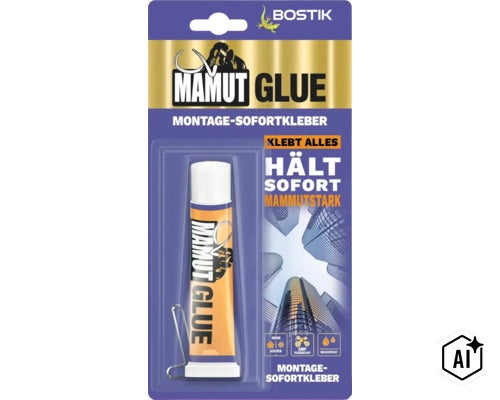 Bostik Mamut Glue Montage-Sofortkleber in der Tube auf Blisterkarte für innen und außen. (Image AI modified or generated)