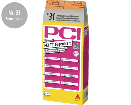 PCI FT Fugenmörtel für Spaltklinker und Großformate in Zementgrau, fünf Kilogramm Sack.