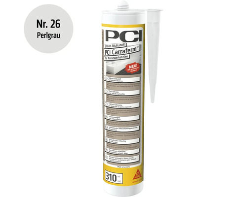 PCI Carraferm Silikon Dichtstoff für Natursteine in perlgrau, 310 Milliliter Kartusche mit Aufsatzdüse.