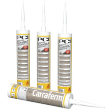 Drei stehende und eine liegende Kartusche PCI Carraferm Naturstein Silikon Dichtstoff mit 310 Milliliter Inhalt