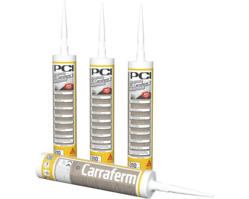 Drei stehende und eine liegende Kartusche PCI Carraferm Naturstein Silikon Dichtstoff mit 310 Milliliter Inhalt