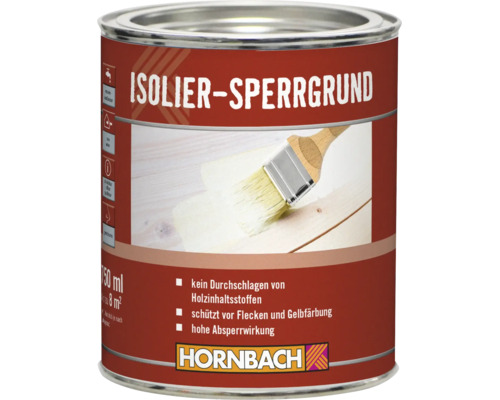 Dose Hornbach Isolier-Sperrgrund zum Streichen von Holzoberflächen mit Pinselmotiv und Produktvorteilen.