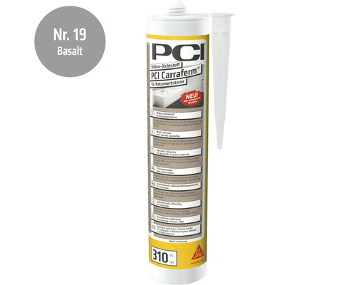 PCI Carraferm Silikon Dichtstoff für Naturwerksteine in der Farbe Basalt in einer 310 Milliliter Kartusche mit Aufsatzdüse.