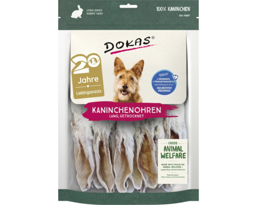 DOKAS getrocknete Kaninchenohren als Hundesnack in der Verpackung.