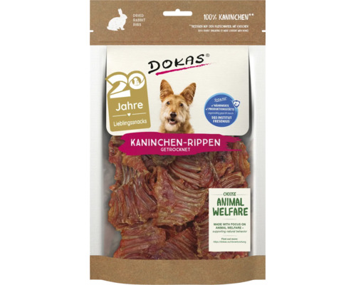 DOKAS getrocknete Kaninchenrippen als Hundesnack in der Verpackung mit Tierwohl Hinweis.