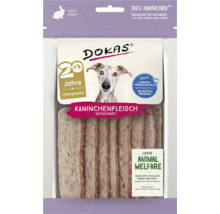 DOKAS getrocknetes Kaninchenfleisch Snacks für Hunde, 100 Prozent Fleischanteil, in wiederverschließbarer Packung.