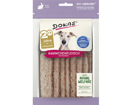 DOKAS getrocknetes Kaninchenfleisch Snacks für Hunde, 100 Prozent Fleischanteil, in wiederverschließbarer Packung.