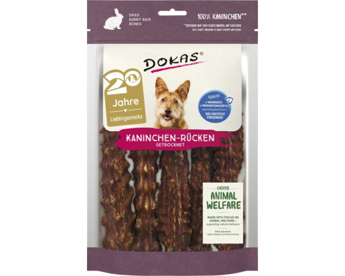 Dokas getrocknete Kaninchenrücken Hundesnack in Verpackung