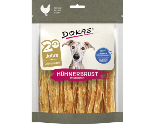DOKAS Hühnerbrust in Streifen Hundesnack 20 Jahre Jubiläumspackung mit SGS Institut Fresenius Qualitätssiegel