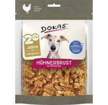 DOKAS Hunde Snacks Hühnerbrust in Stücken in einer Verpackung mit einer SGS Institut Fresenius Zertifizierung für Nährwerte und Produktionsstätte.