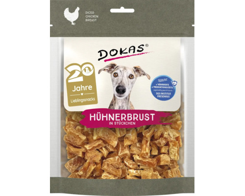 DOKAS Hunde Snacks Hühnerbrust in Stücken in einer Verpackung mit einer SGS Institut Fresenius Zertifizierung für Nährwerte und Produktionsstätte.