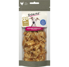 Dokas Hundesnack Hühnerbrust in Stücken, getrocknete Fleischhäppchen als Belohnung für Hunde in der Verpackung.