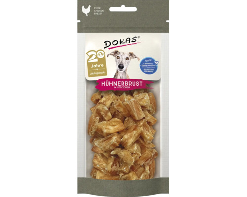 Dokas Hundesnack Hühnerbrust in Stücken, getrocknete Fleischhäppchen als Belohnung für Hunde in der Verpackung.