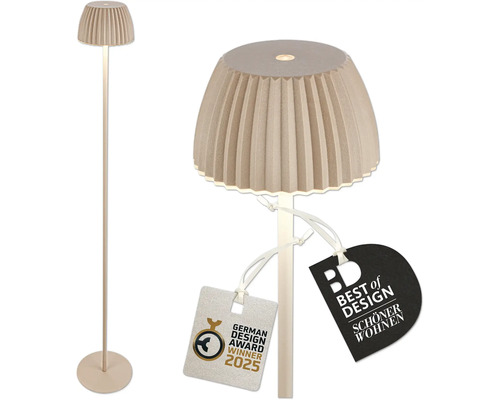 Moderne Stehleuchte mit plissiertem Lampenschirm und German Design Award 2025 sowie Best of Design Auszeichnungen.