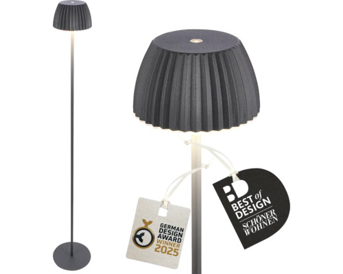 Moderne Stehleuchte mit plissiertem Schirm und filigranem Standfuß inklusive Auszeichnungen German Design Award Winner 2025 und Best of Design.