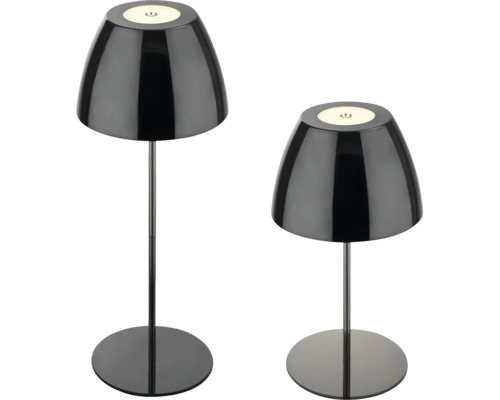 Zwei moderne LED Tischleuchten mit rundem Fuß und glockenförmigem Schirm sowie Touch Schalter auf der Oberseite.