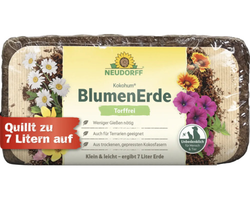 Neudorff Kokohum torffreie BlumenErde, gepresster Block aus Kokosfasern, ergibt 7 Liter Pflanzerde, unbedenklich für Mensch und Tier.