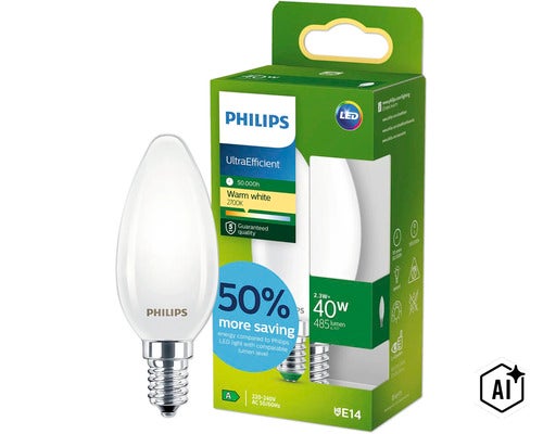 Philips UltraEfficient LED Lampe in Kerzenform mit E14 Sockel, 2,3 Watt, 485 Lumen, warmweißes Licht 2700 Kelvin, 50.000 Stunden Lebensdauer (Image AI modified or generated)