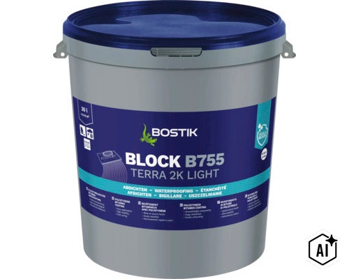 Bostik Block B755 Terra 2K Light Polystyrol Bitumenbeschichtung im 30 Liter Eimer zur Bauwerksabdichtung. (Image AI modified or generated)